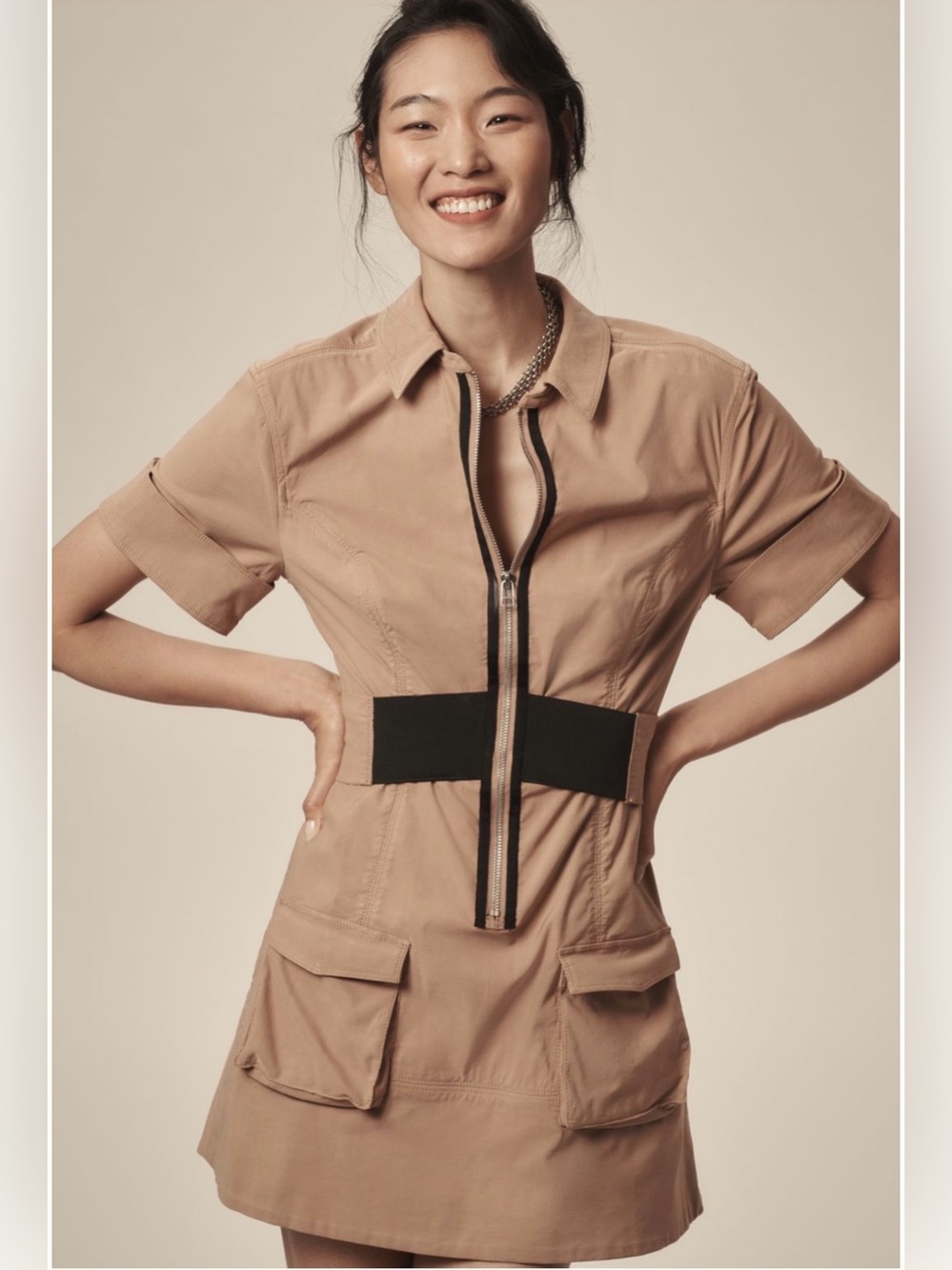 Anthropologie Maeve Short Sleeve V-Neck Tan Utility Zip-Front Shirt Dress Size S